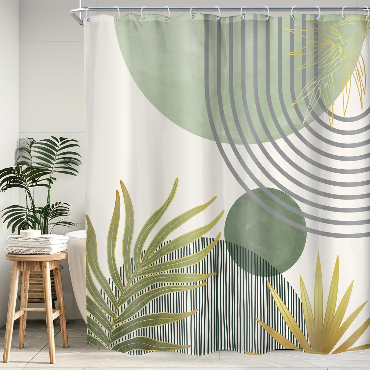 KOMLLEX Mid Century Green Boho Shower Curtain, Abstract Modern Shower Curtains for Bathroom, Plant Botanical Minimalist Leaf Arch Sun Fabric Liner Waterproof Polyester 12 Pack Hooks 60Wx72L Inches