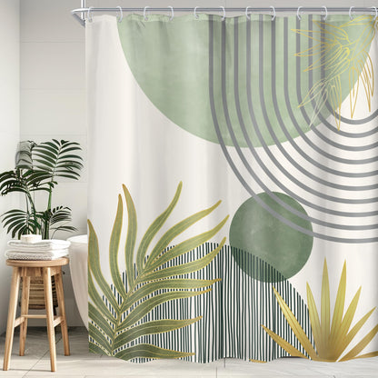 KOMLLEX Mid Century Green Boho Shower Curtain, Abstract Modern Shower Curtains for Bathroom, Plant Botanical Minimalist Leaf Arch Sun Fabric Liner Waterproof Polyester 12 Pack Hooks 60Wx72L Inches