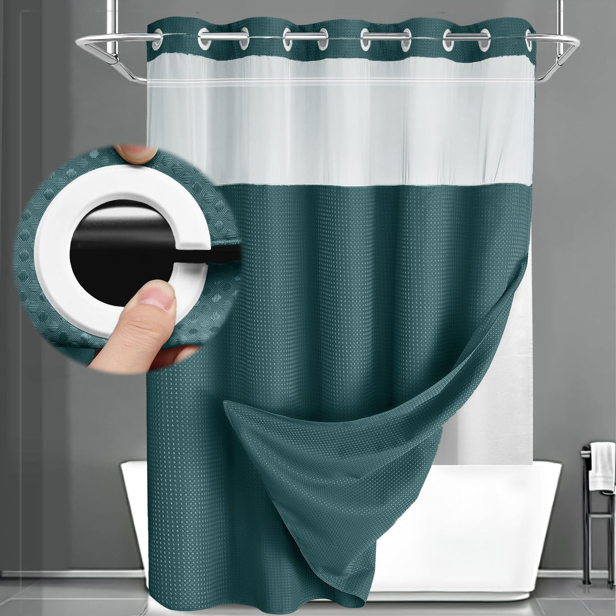 No Hook Shower Curtain with Liner Set Hotel Waffle Curtain Black 72W X 75L
