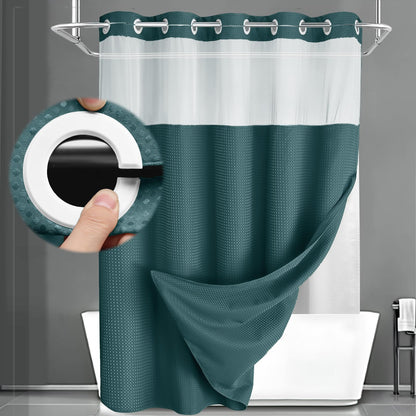 No Hook Shower Curtain with Liner Set Hotel Waffle Curtain Black 72W X 75L