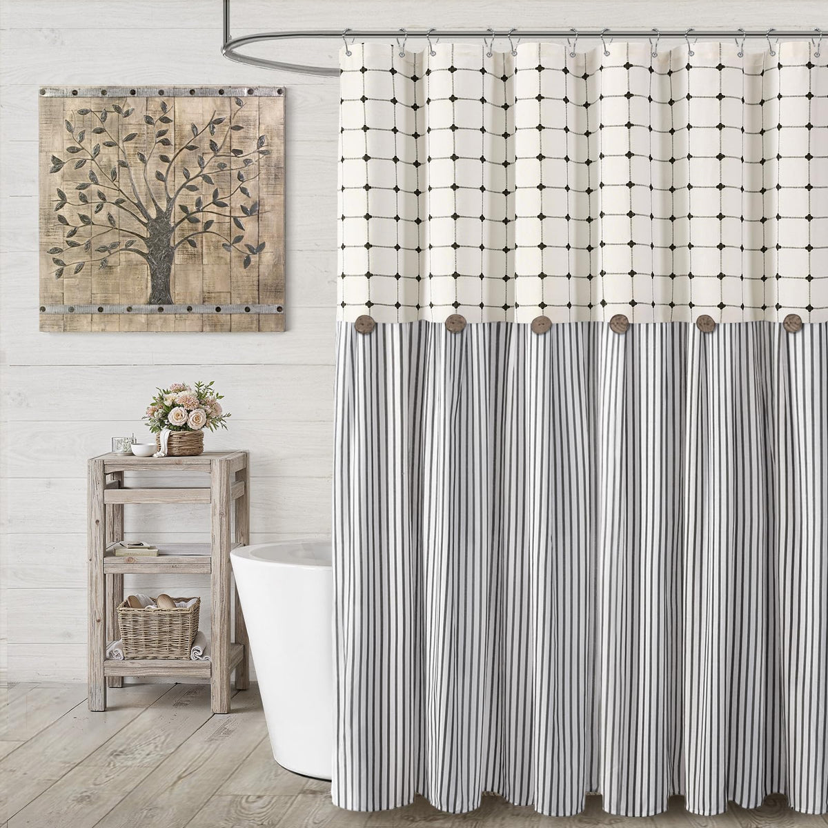 Farmhouse Shower Curtain Linen Beige Button Brown Stripe 72"W x 72"L