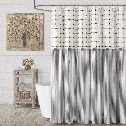 Farmhouse Shower Curtain Linen Beige Button Brown Stripe 72"W x 72"L
