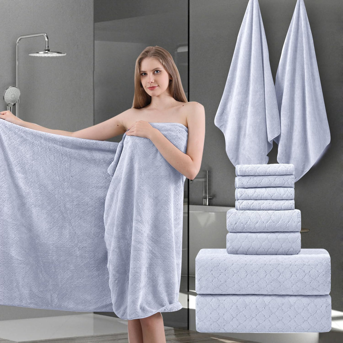 Ycosy 8-Piece Bath Towels Set,2 Oversized Bath Sheet,2 Hand Towels and 4 Washcloths - 600 GSM Soft Microfiber Highly Absorbent Quick Dry Shower Towel Collection for Bathroom Hotel and Spa,Mint Green