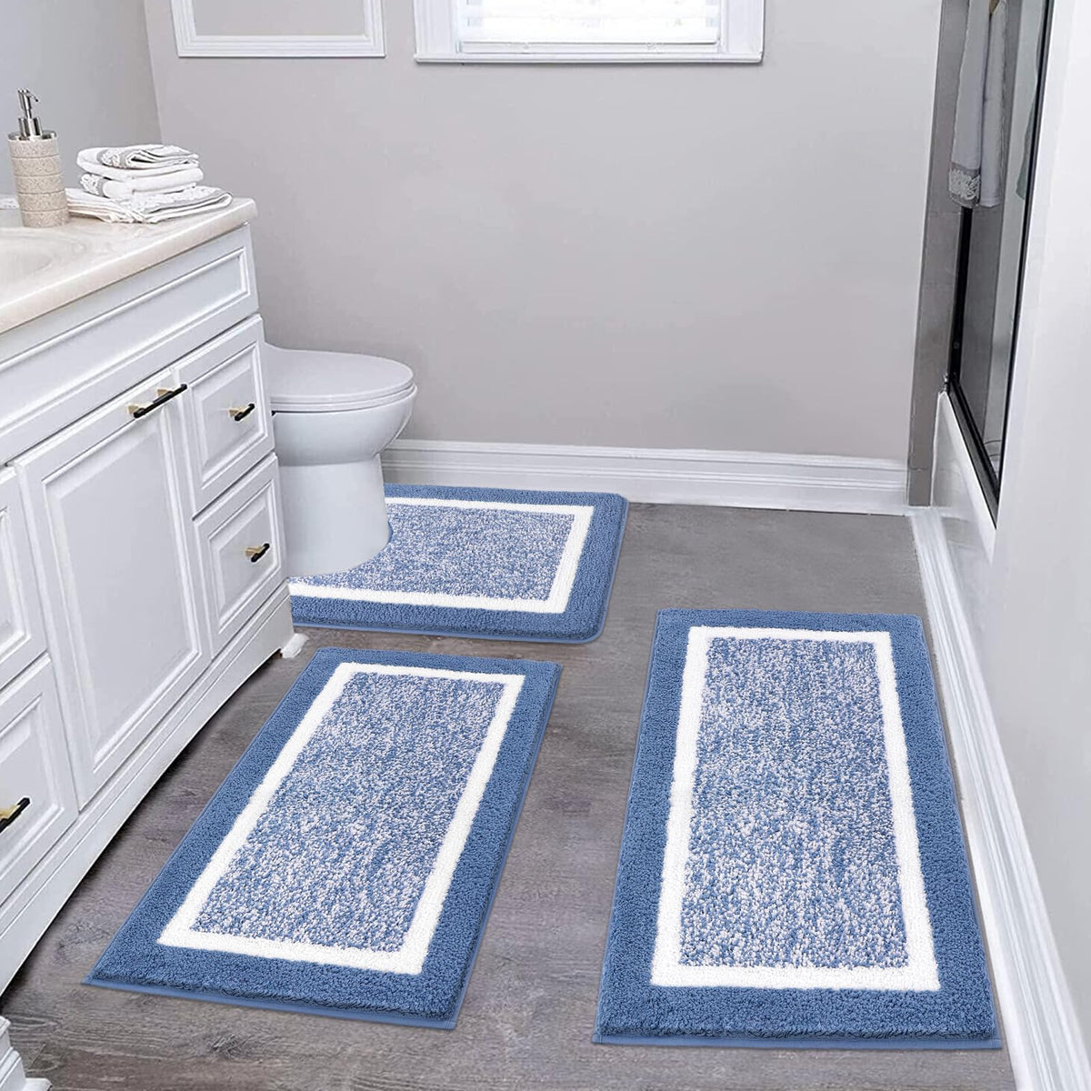 Pauwer Bathroom Rugs 3 Piece Set, Non Slip Washable Bath Mat, Dark Grey