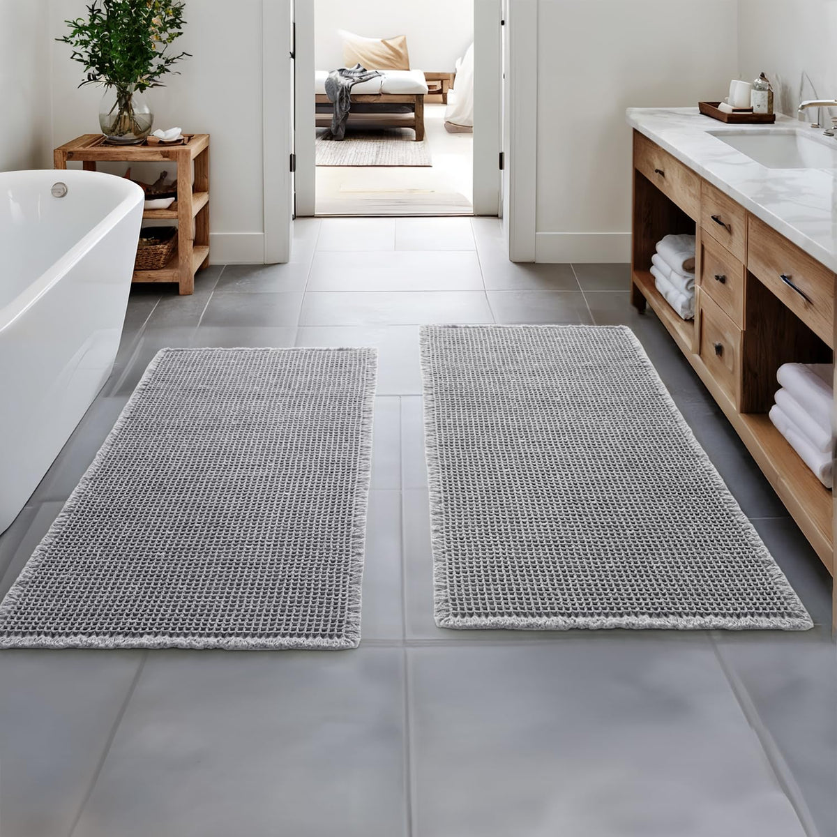 MIULEE Set of 2 Waffle Bathroom Rugs Boho Bath Mat Brown 18x30 Inch