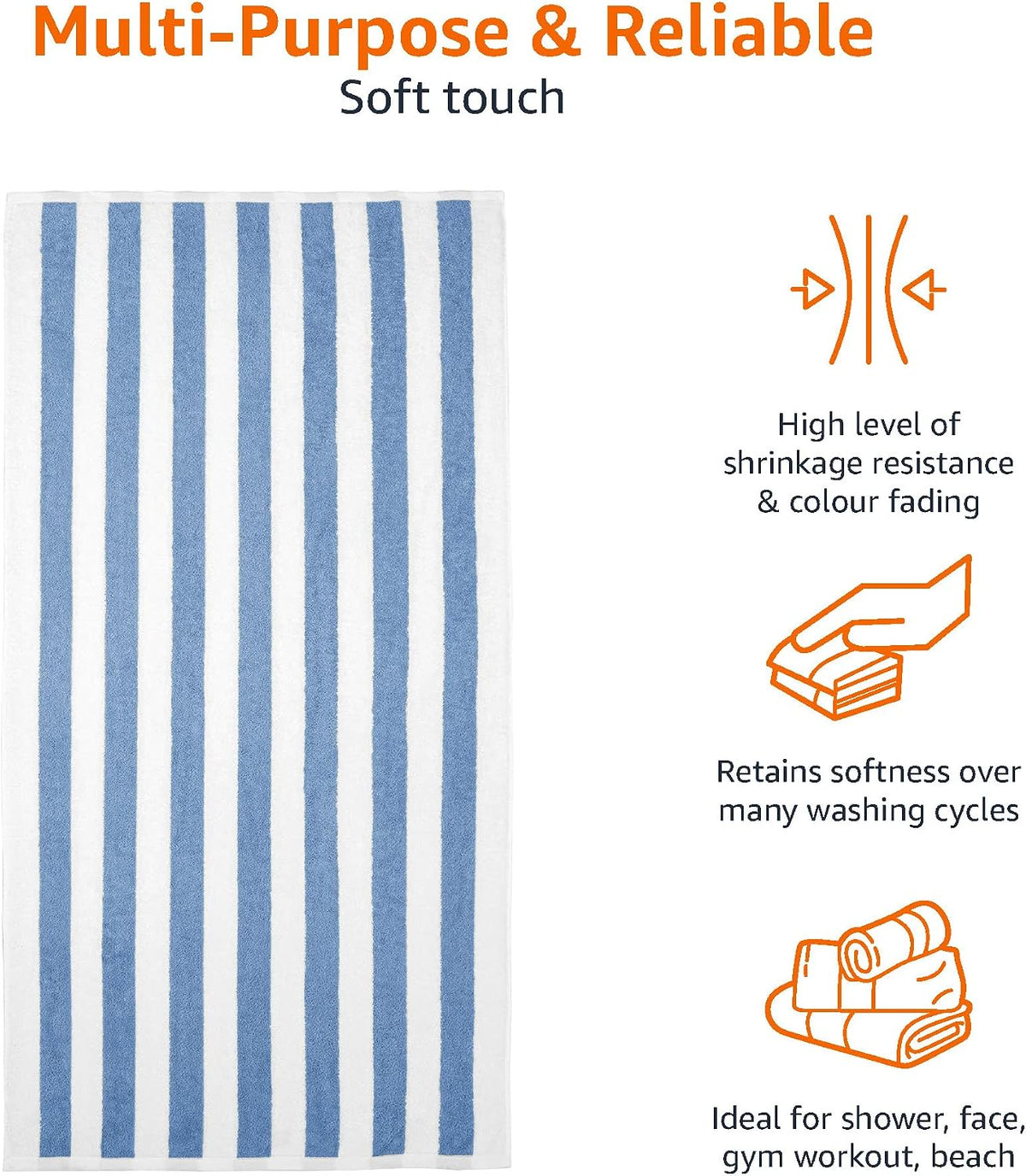 Amazon Basics Soft & Absorbent Beach Towels, 100% Cotton, Cabana Stripe, Machine Washable, Quick Dry, Large 30" x 60", Sky Blue, 2-Pack