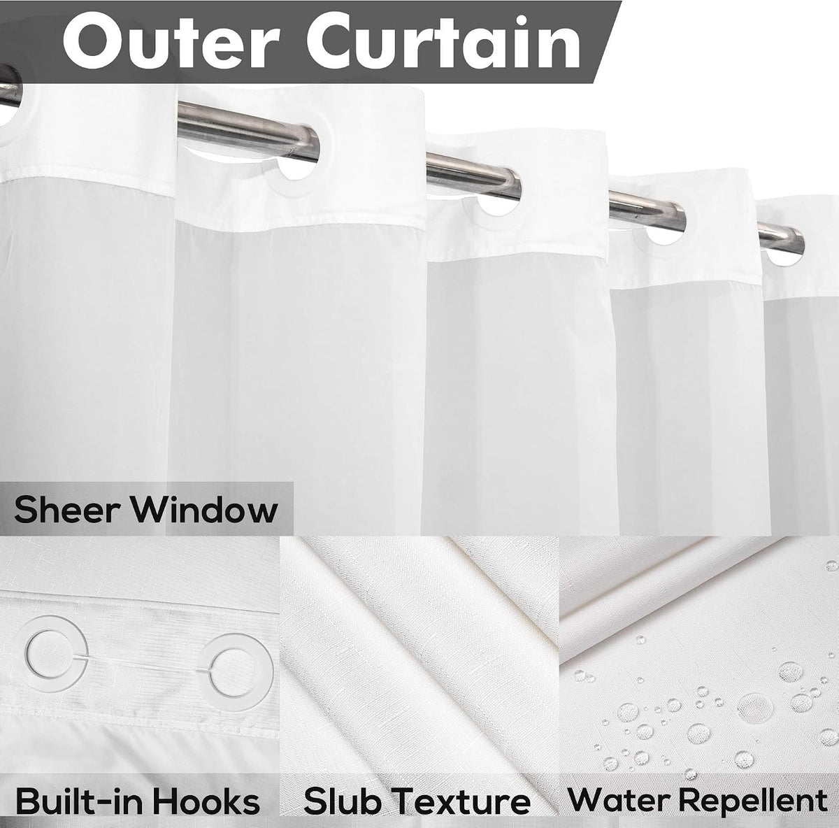 River Dream No Hook Shower Curtain with Snap-in Liner Set, White, 71x74