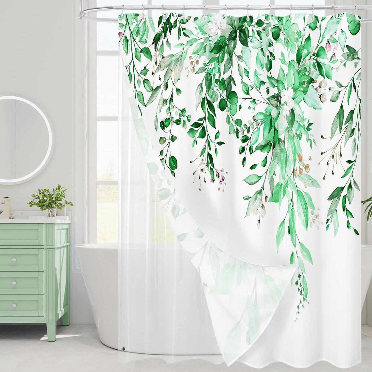 Gibelle 3 in 1 Shower Curtain Set, Grey Eucalyptus Curtain 72x72
