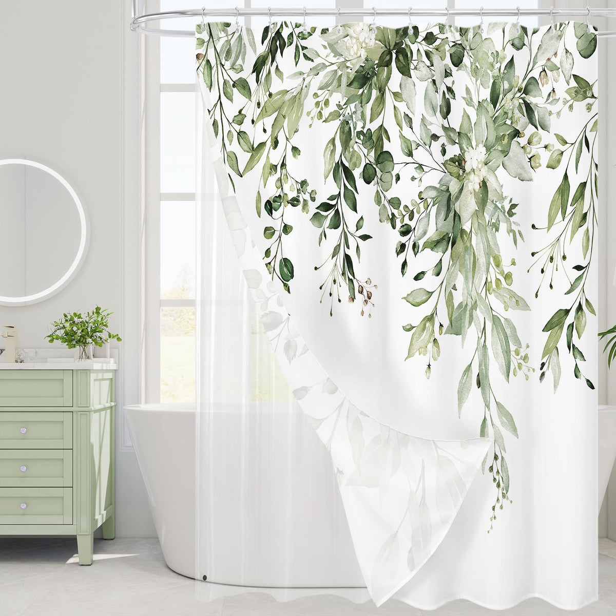 Gibelle 3 in 1 Shower Curtain Set, Grey Eucalyptus Curtain 72x72