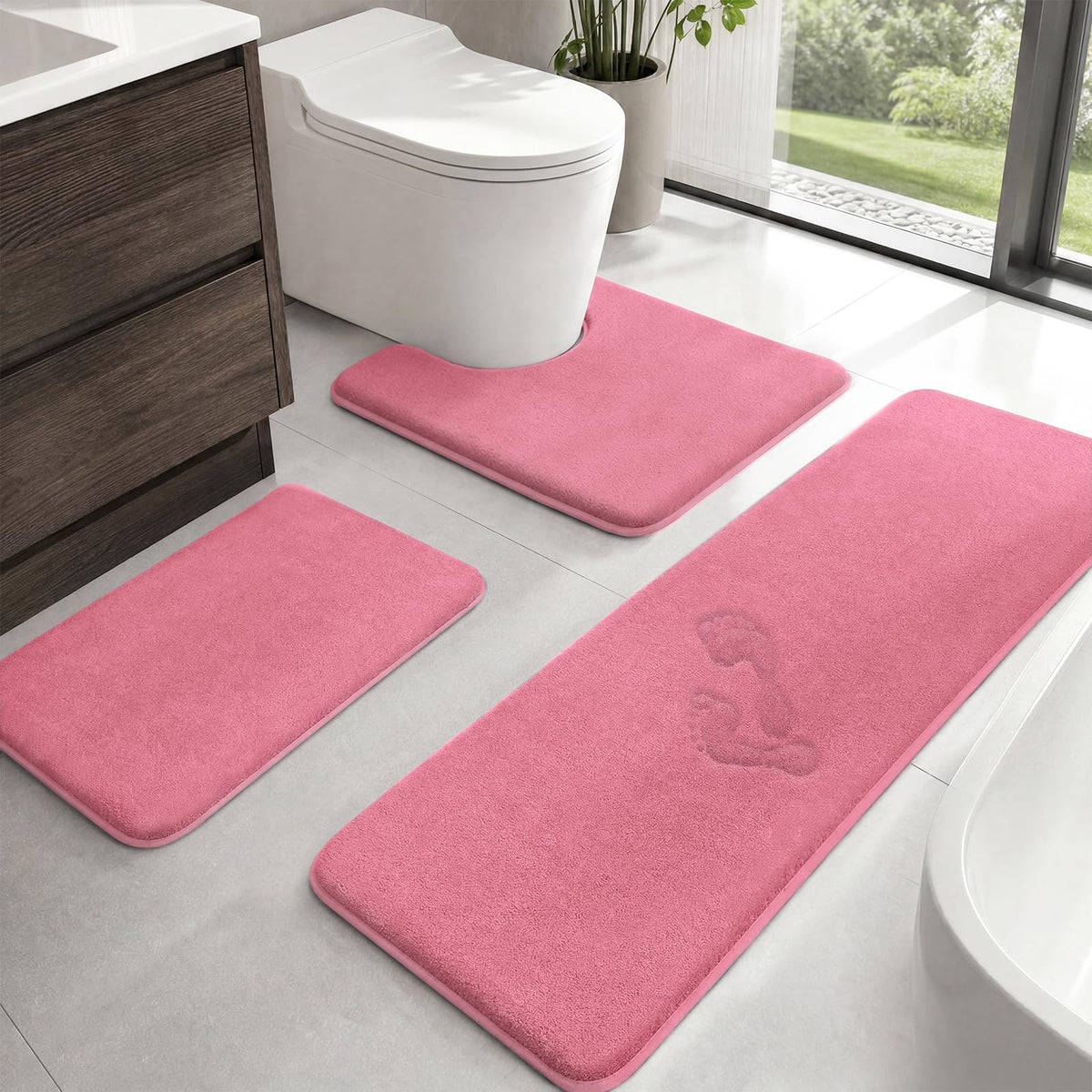 HUXMEYSON Bathroom Rugs Sets 3 Piece, Non-Slip & Quick Dry Bath Mat Set, Ultra Soft Velvet Bath Rugs for Bathroom, Toilet and Shower Floor, Grey