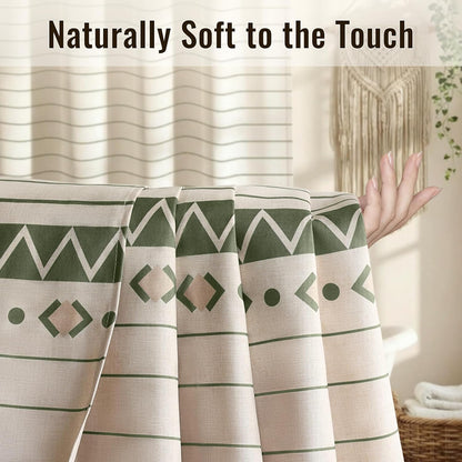 Boho Farmhouse Shower Curtain with 12 Clear Rings, Rustic Fabric Faux Linen Shower Curtain Set with Tassels, Beige & Sega Green Striped Shower Curtain for Bathroom 72" W x 84" L
