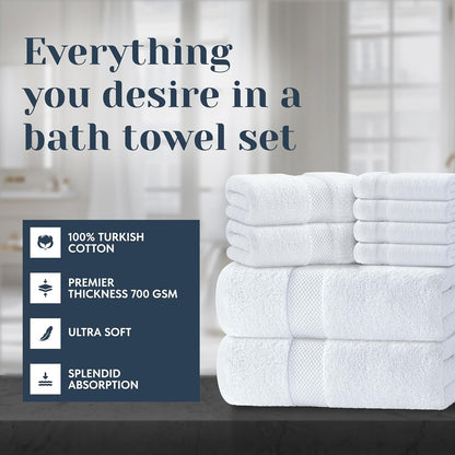 White Classic Luxury White Bath Towel Set of 8 - Soft 100% Turkish Cotton