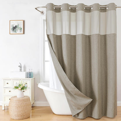 Eachope No Hooks Polyester Textured Shower Curtain with Snap-in Fabric Liner Set, Hotel Luxury Decor Shower Curtains for Bathroom with See Through Top Window, Waterproof & Washable, 71Wx74H, Cream