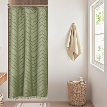 OWENIE Boho Shower Curtain, White Fabric Cloth Shower Curtains Farmhouse Tufted Chevron Striped Textured with Tassel for Bathroom, Soft Hotel Style Modern Minimalist, Machine Washable, 72x72, White