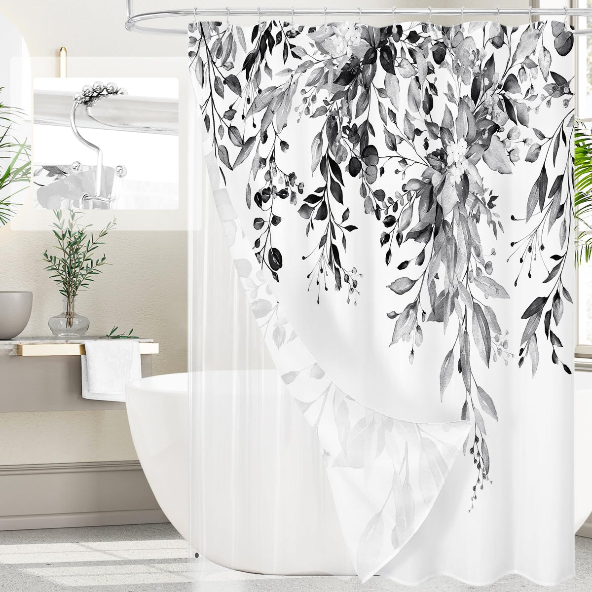 Gibelle 3 in 1 Shower Curtain Set, Grey Eucalyptus Curtain 72x72