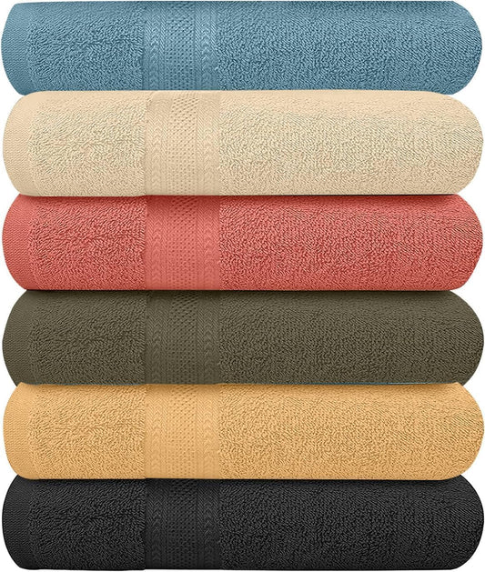 KAHAF COLLECTION 6 Pack Bath Towels Set (27 x 54 Inches) 100% Ring Spun Cotton, Lightweight, Quick Dry, Highly Absorbent Towels Multicolor, (27x54) Inches