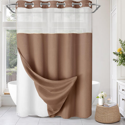 No Hook Shower Curtain with Liner Set Hotel Waffle Curtain Black 72W X 75L