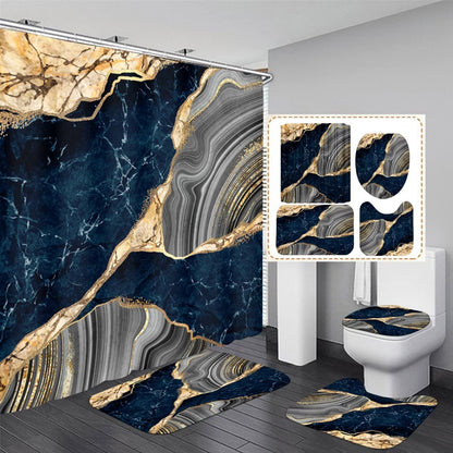Nkzply 4 Pcs Black Marble Shower Curtain Sets with Rugs Gold Bathroom Set
