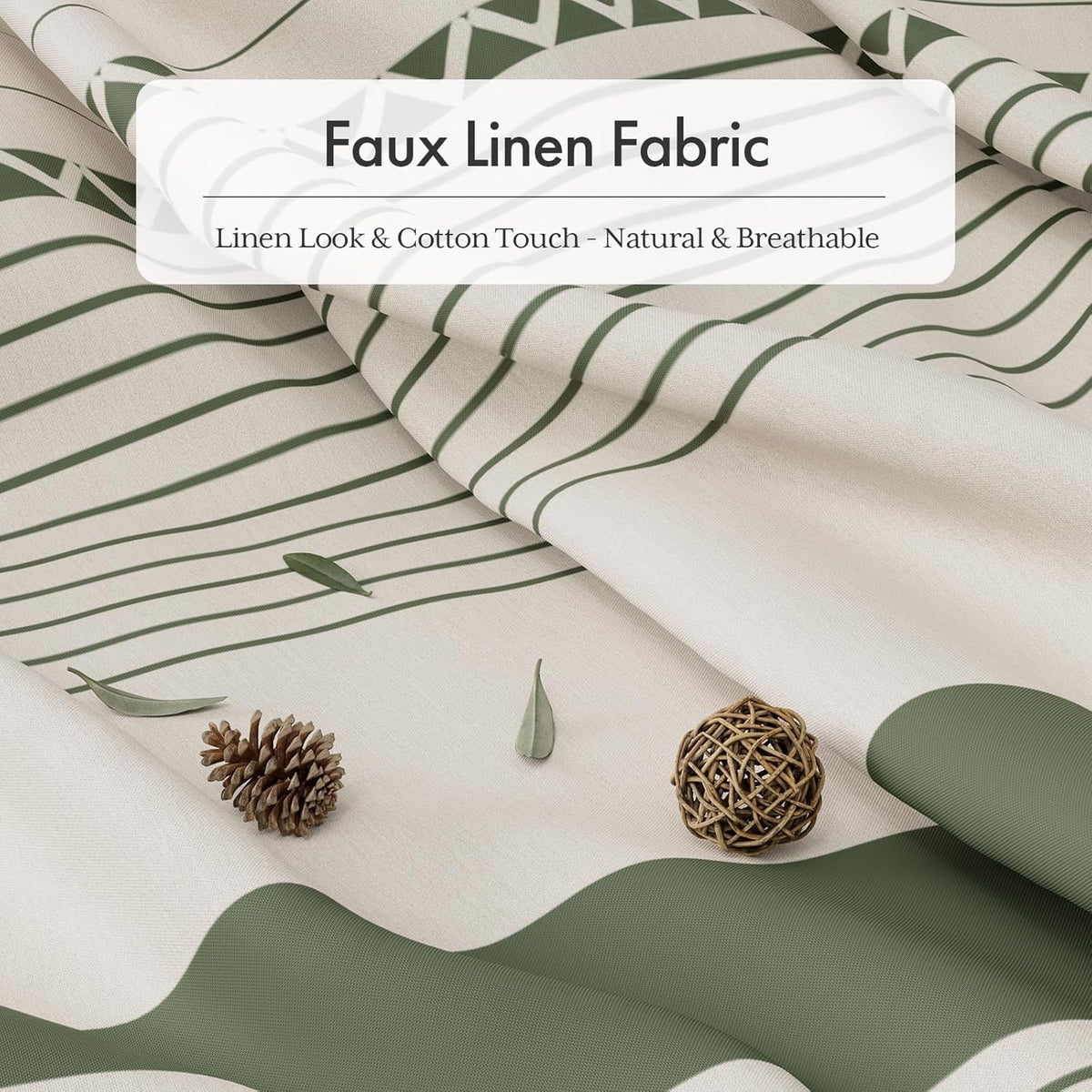 AmazerBath Boho Shower Curtain, Modern Farmhouse Shower Curtain Set with Tassels, Rustic Faux Linen Green Striped Shower Curtain with Hooks, Light Tan Toned, 72x72 Inches
