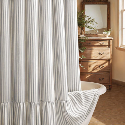 Farmhouse Shower Curtain Ruffle Linen Cream-Green Stripe 72"W x 72"L