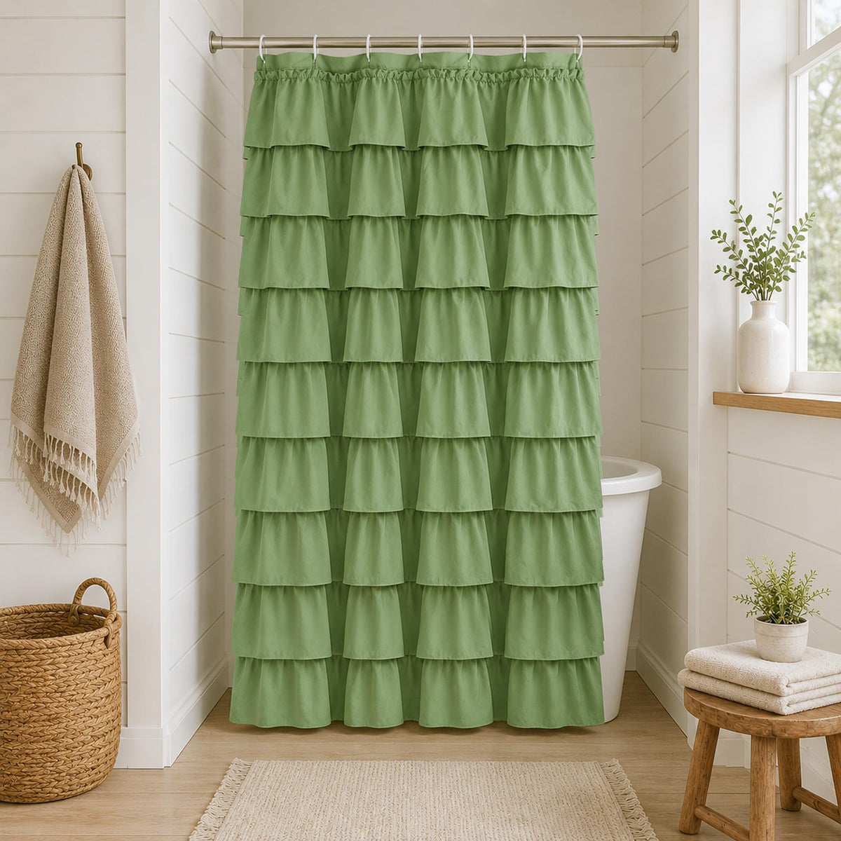 White Ruffle Shower Curtain for Bathroom,72 x 72 Inches, Farmhouse Style