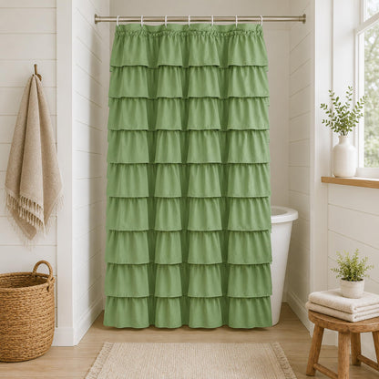White Ruffle Shower Curtain for Bathroom,72 x 72 Inches, Farmhouse Style