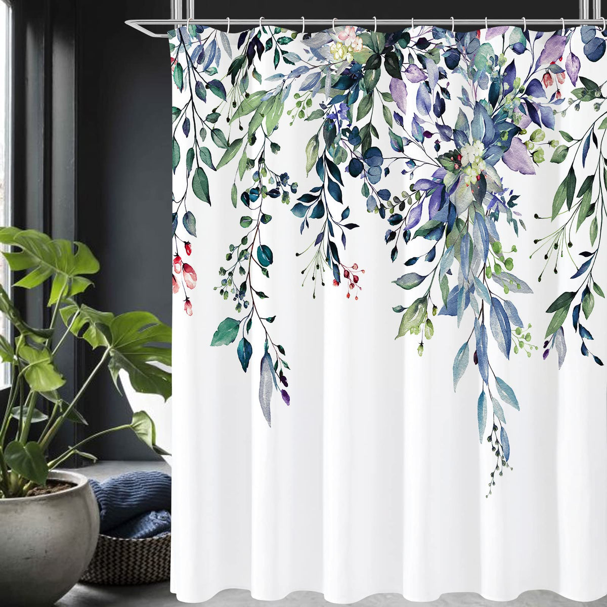 Gibelle Grey Eucalyptus Shower Curtain, Watercolor Floral Print, 72x72