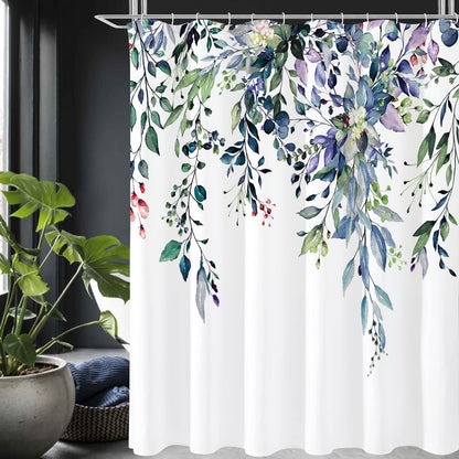 Gibelle Grey Eucalyptus Shower Curtain, Watercolor Floral Print, 72x72