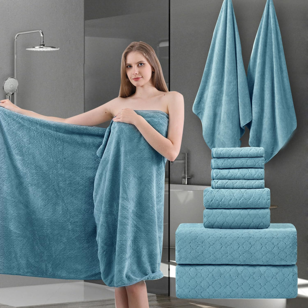 Ycosy 8-Piece Bath Towels Set,2 Oversized Bath Sheet,2 Hand Towels and 4 Washcloths - 600 GSM Soft Microfiber Highly Absorbent Quick Dry Shower Towel Collection for Bathroom Hotel and Spa,Mint Green