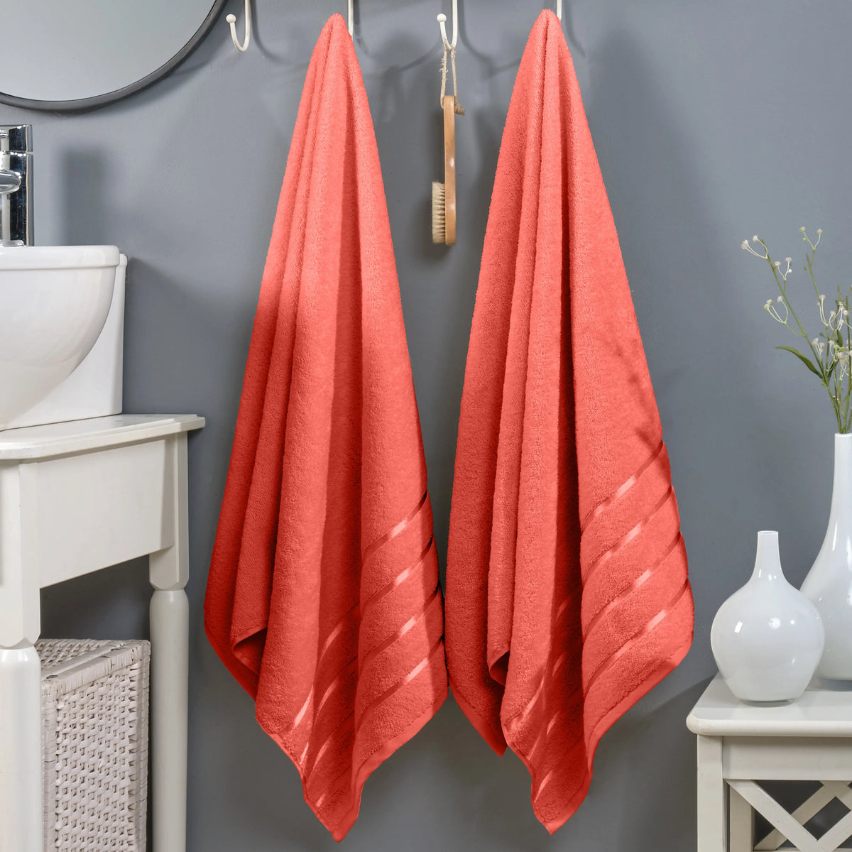 Mocassi Fluffy Thick 2-Pack Premium Turkish Cotton 4-Line Stripe Bath Towel Set, Absorbent Breathable Water-Absorbent Body Towels, 27x54 in