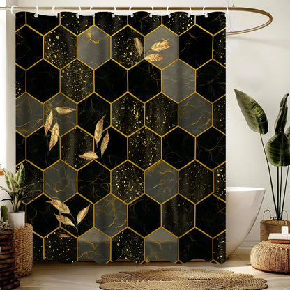 Geometric Hexagonal Black-Gold Pattern Bathroom Decor Set - Waterproof Shower Curtain with 12 Hooks, Non-Slip Bathroom Carpet, U-Shaped Toilet Cushion, Toilet Seat Cover, Ideal Moving Gift