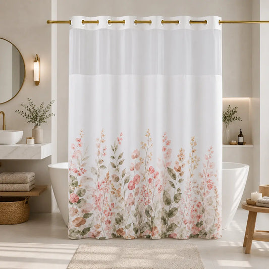 Hookless Shower Curtain Set with Snap-in Liner, Pink Double Layer Floral Botanical Design, Sheer Top Window, 72x75 Inch Waterproof Washable Bathroom Curtain,