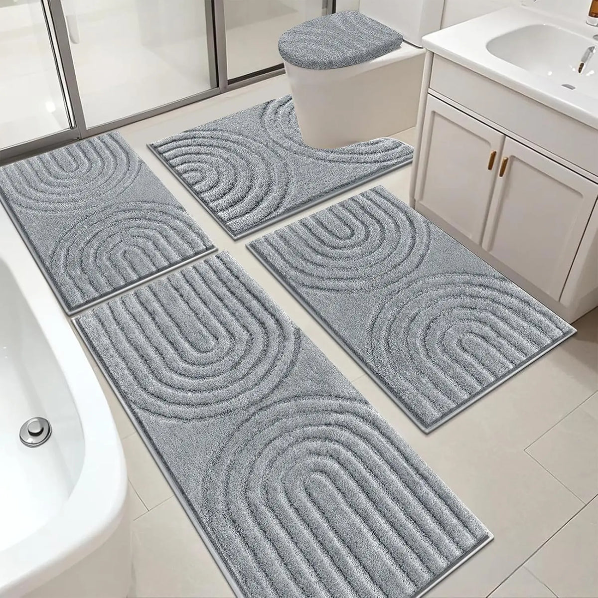 [Back to School] HEBE Washable Bathroom Rugs Sets 5 Piece, Soft Absorbent Microfiber Bath Mat for Bathroom, Non Slip Washable Bath Rug Set with Toilet Cover, Bath Runner and U-Shaped Contour Toilet Rug summerwins,home essentials