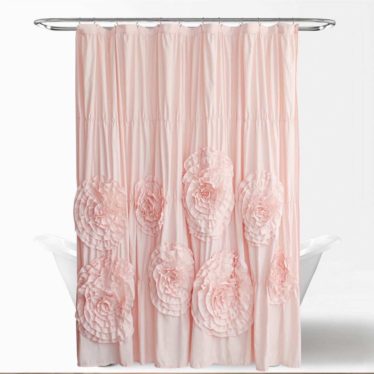 Farmhouse Ruffle Shower Curtain with Handmade 3D Flowers, Vintage Ruched Fabric Shower Curtains for Bathroom, Festive Luxury Bathroom Curtain with 12 Holes, White, 72" x 72