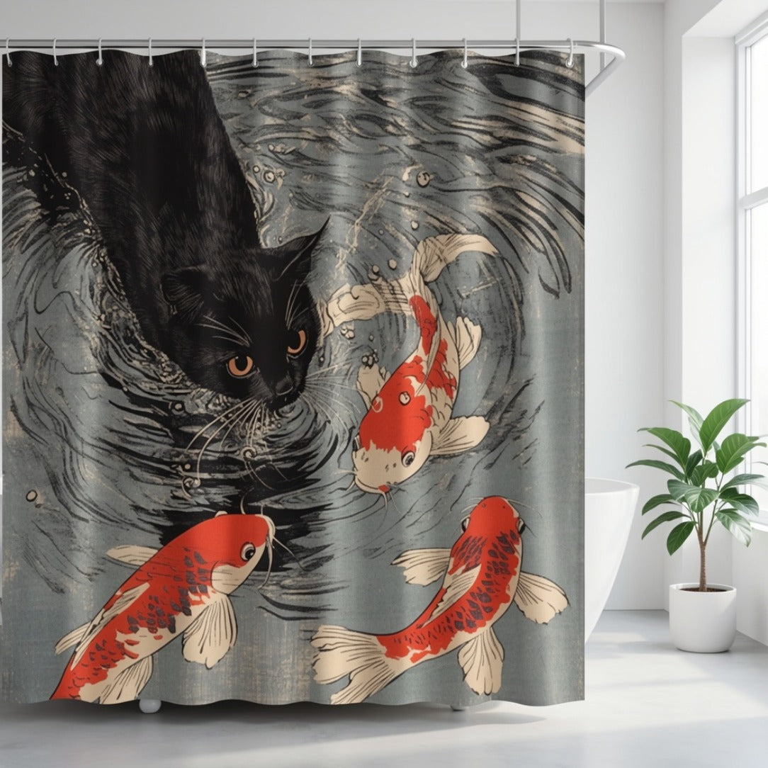 2D Flat, 2D Flat, 2D Flat Shower Curtain 1pc, Ancient Cat Koi Pond Scene Shower Curtain, Multi-Size Options, Polyester Comfortable Fabric, Light Luxury Space, Creating a Dreamy Healing Atmosphere, Building a Warm And Relaxed Space