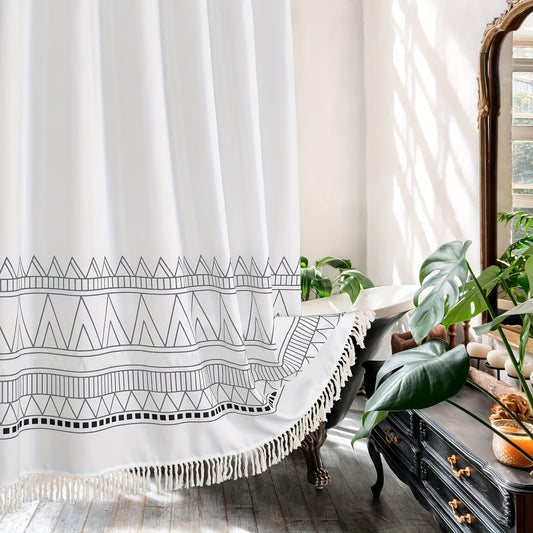1pc Black Fabric Boho Shower Curtain Set with Hooks, Modern Farmhouse Shower Curtains for Country Bathroom Decor, Abstract Tribal Geometric Shower Curtain, 72"W X 72"H