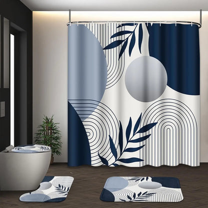 Boho Mid Century Shower Curtain Set with Toilet Lid Cover and Non-Slip Rugs, Abstract Geometric Modern Minimalist Shower Curtain for Bathroom Set with 12 Hooks