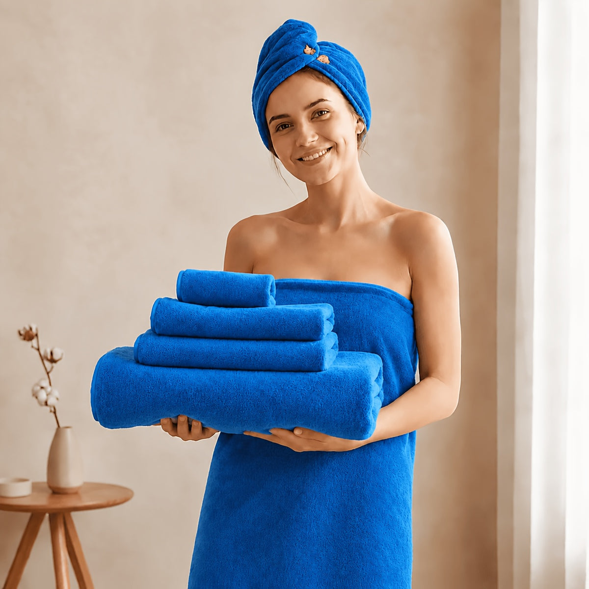 5pcs Coral Fleece Bath Towel Set, 4 Soft Absorbent Bath Towels 27" X 55" with Hair Drying Cap, Quick Dry Plush Towels with Hanging Loop for Bathroom, Shower, Home