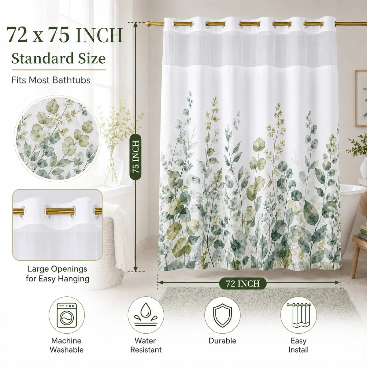 Hookless Shower Curtain with Snap-in Liner, Double Layer Floral Botanical Shower Curtain Set, Sheer Top Window, Waterproof & Washable Bathroom Curtain, 72 x 75 Inch