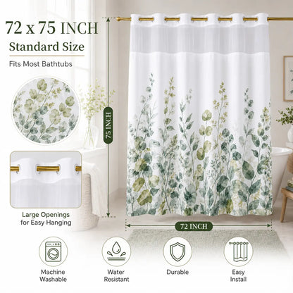 Hookless Shower Curtain with Snap-in Liner, Double Layer Floral Botanical Shower Curtain Set, Sheer Top Window, Waterproof & Washable Bathroom Curtain, 72 x 75 Inch