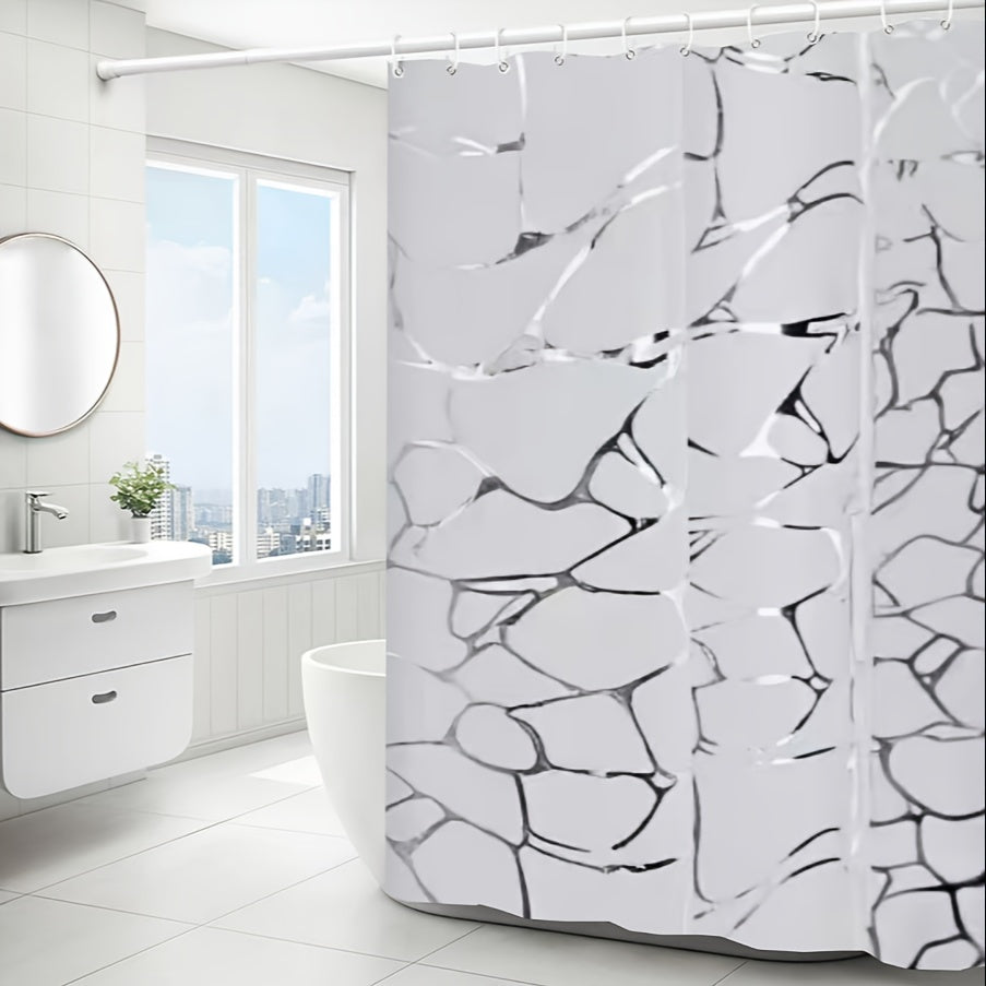 1pc Veined Silvery-Toned Bath Curtain with Matching Hooks, Bathroom Decorative Shower Curtain