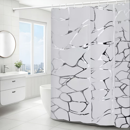 1pc Veined Silvery-Toned Bath Curtain with Matching Hooks, Bathroom Decorative Shower Curtain