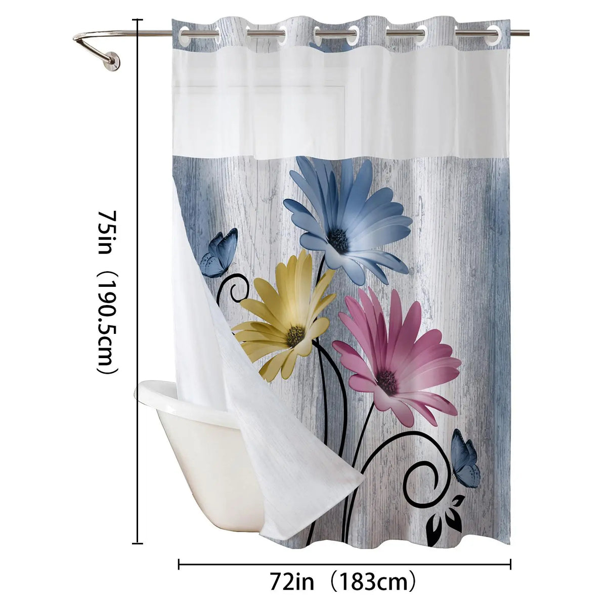 No hooks double-layer Daisy printed shower curtain, Waterproof fabric,Modern style home decoration, hotel, dormitory and bathroom accessories, 72x75in