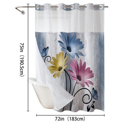 No hooks double-layer Daisy printed shower curtain, Waterproof fabric,Modern style home decoration, hotel, dormitory and bathroom accessories, 72x75in