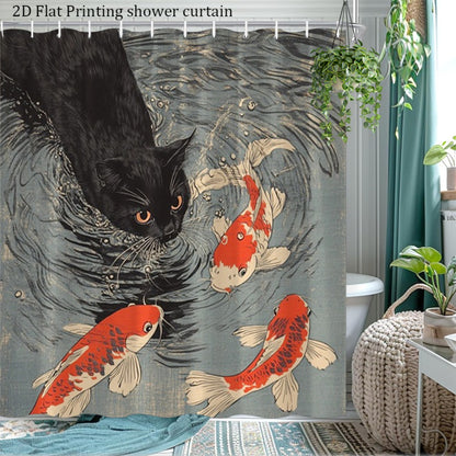2D Flat, 2D Flat, 2D Flat Shower Curtain 1pc, Ancient Cat Koi Pond Scene Shower Curtain, Multi-Size Options, Polyester Comfortable Fabric, Light Luxury Space, Creating a Dreamy Healing Atmosphere, Building a Warm And Relaxed Space