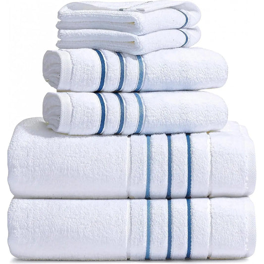 Bath Towels Set for Bathroom – Luxury 6-Piece Cotton Towels, Soft Absorbent & Quick Dry, 600 GSM Bath Towels for Bathroom, Hotel Spa Quality (White/Blue Azure, 6- Bath Towel Set)