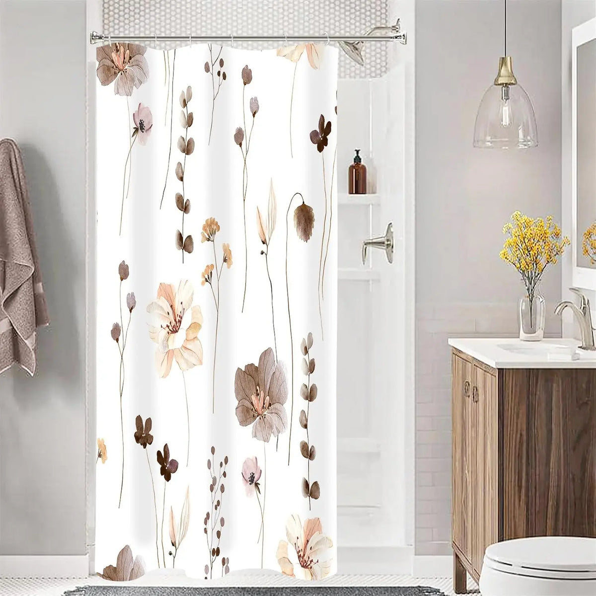 Modern Sage Green and Beige Floral Shower Curtain with Included Hooks