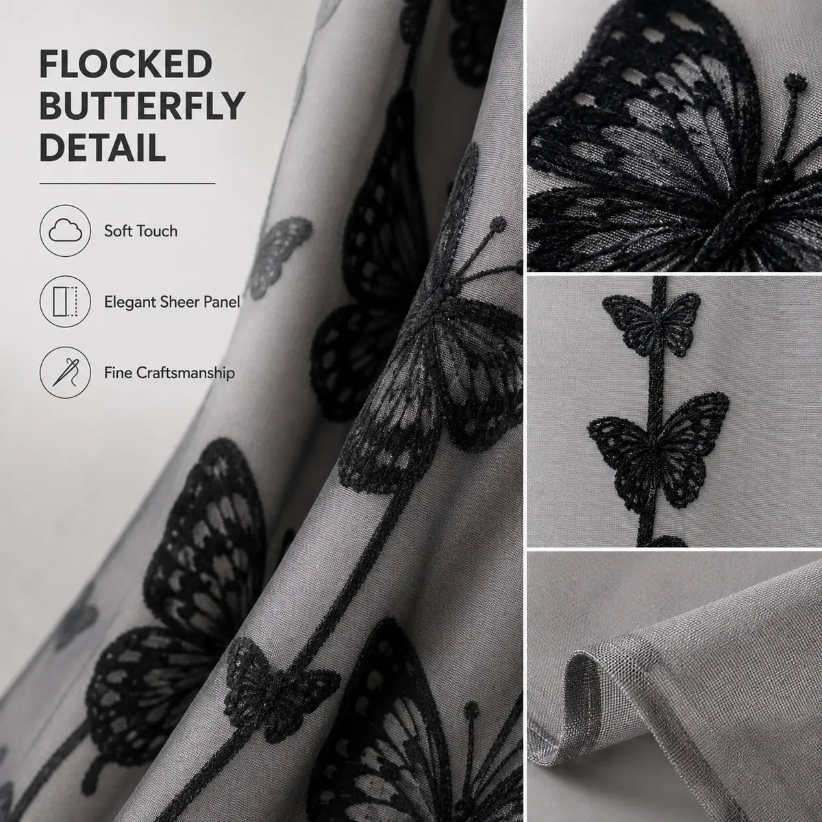 Hook-Free Double-Layer Butterfly Flocked Shower Curtain with Mesh Top Window | No-Drill Installation | Easy Setup for Airbnb, Hotel & Modern Home Décor | 71 × 74 in