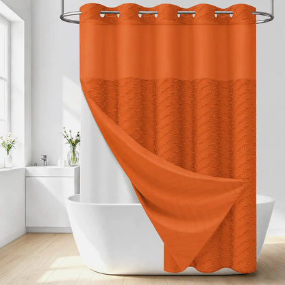 DYNAMENE 3-in-1 Hook-Free Boho Tufted Chevron Striped Shower Curtain Set, Snap-In Magnetic Waterproof Liner, Modern Textured Design, Sheer Light View Window - Hook-Free Setup Saves Bathroom Time, Waterproof Liner Helps Keep Walls Dry