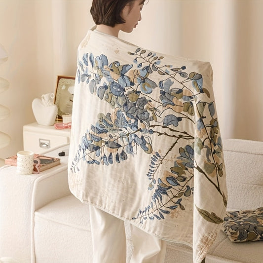 1pc Extra Large Bath Towel & Blanket - Soft Gauze Fabric with Blue/Beige/Brown/Gray/White/Black Leaf Pattern - Multi-Functional Spa, Travel, Home Decor - Luxury Bath Sheet for Adults, Air Conditioning, Car, or Couch Throw - Quick-Dry & Wrapping Blanket -